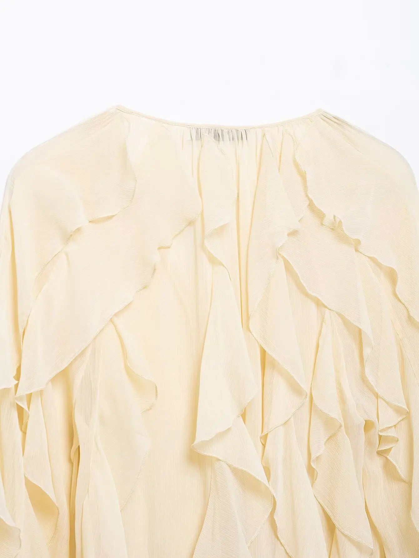 Semi-Sheer Ruffle V-Neck Blouse for Women Long Sleeve Button-Up Lightweight Spring Summer Top