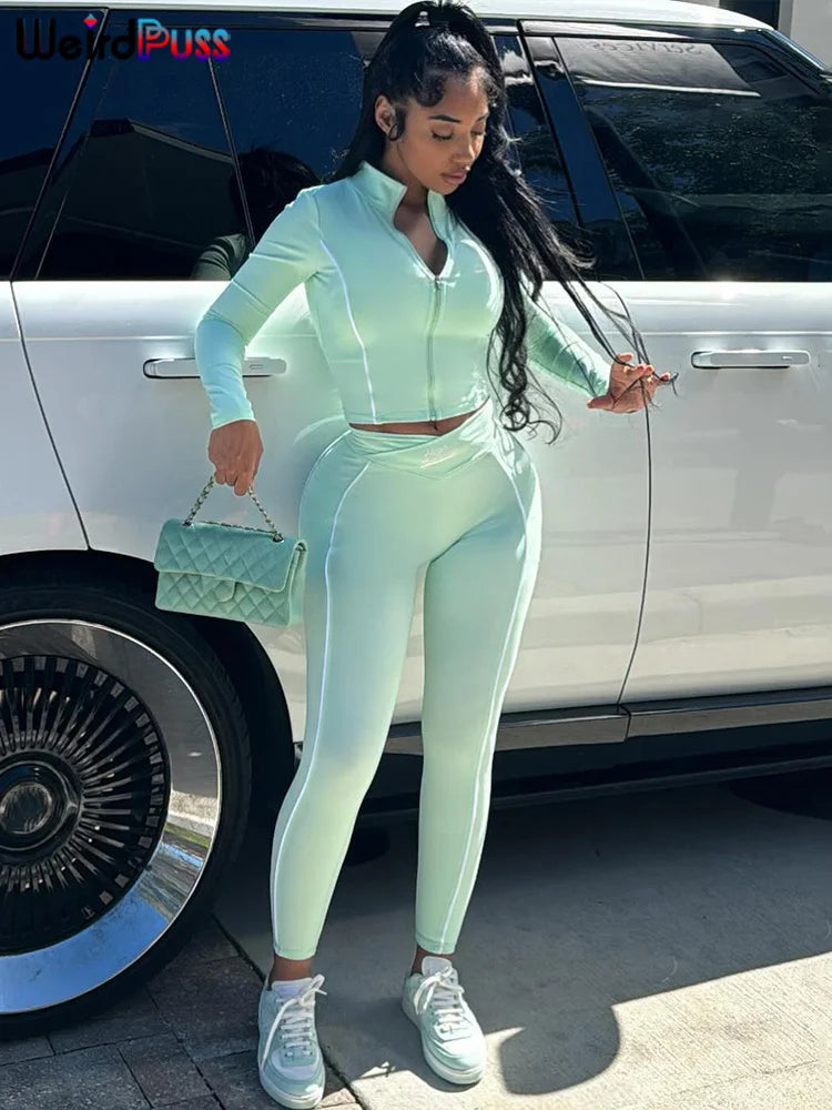 Casual 2 Piece Tracksuit Set with Zip Crop Jacket and Leggings for Sporty Streetwear