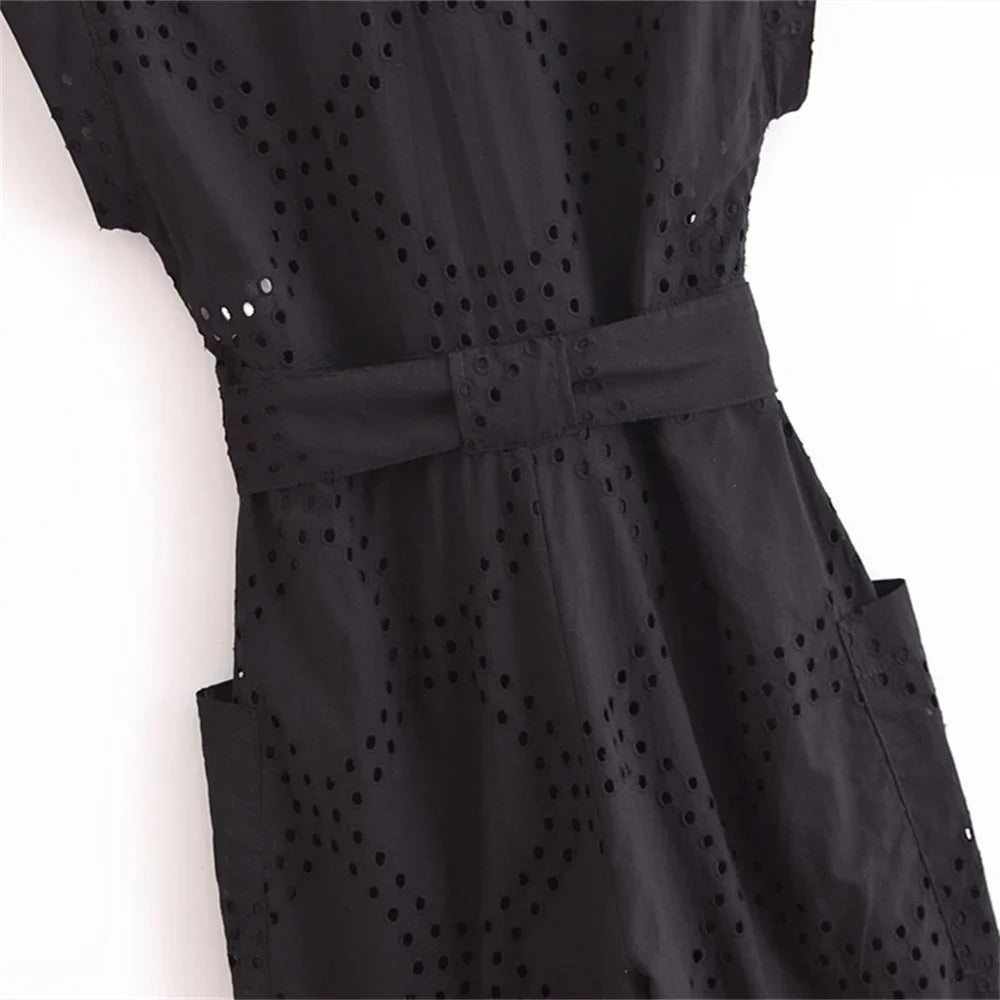 Casual Women's Short Sleeve Jumpsuit with Bow Waist Strap and Hollow Embroidery Summer Fashion Slimming One-Piece Romper