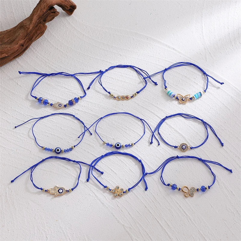 3 Pieces Lucky Turkish Blue Evil Eye Bracelets with Fatima Hand Hamsa and Butterfly Charm Handmade Jewelry