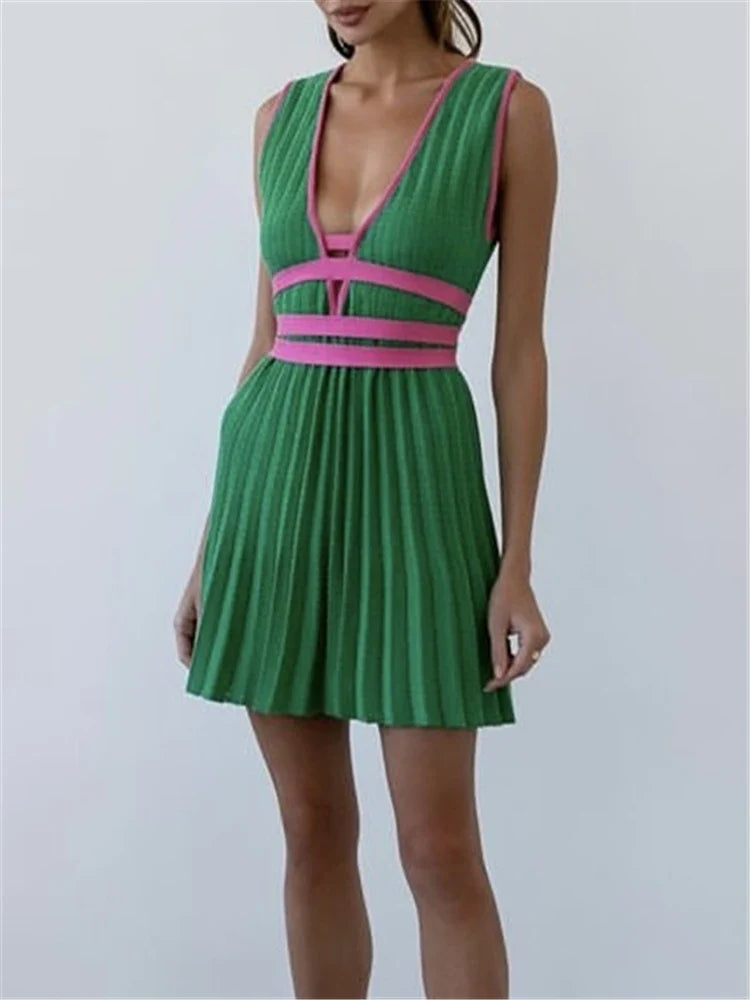 Summer V Neck Knit Dress For Women Sleeveless High Waist