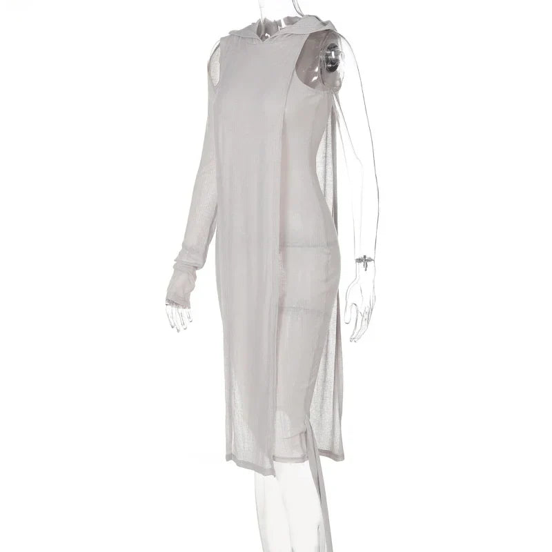 One Sleeve Knit Midi Dress Hooded Ribbed Clubwear Chic