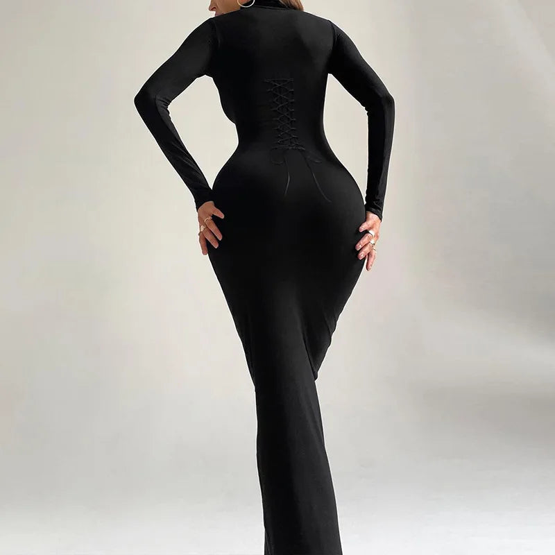 Lace Up Bandage Maxi Dress Black Long Sleeve Bodycon