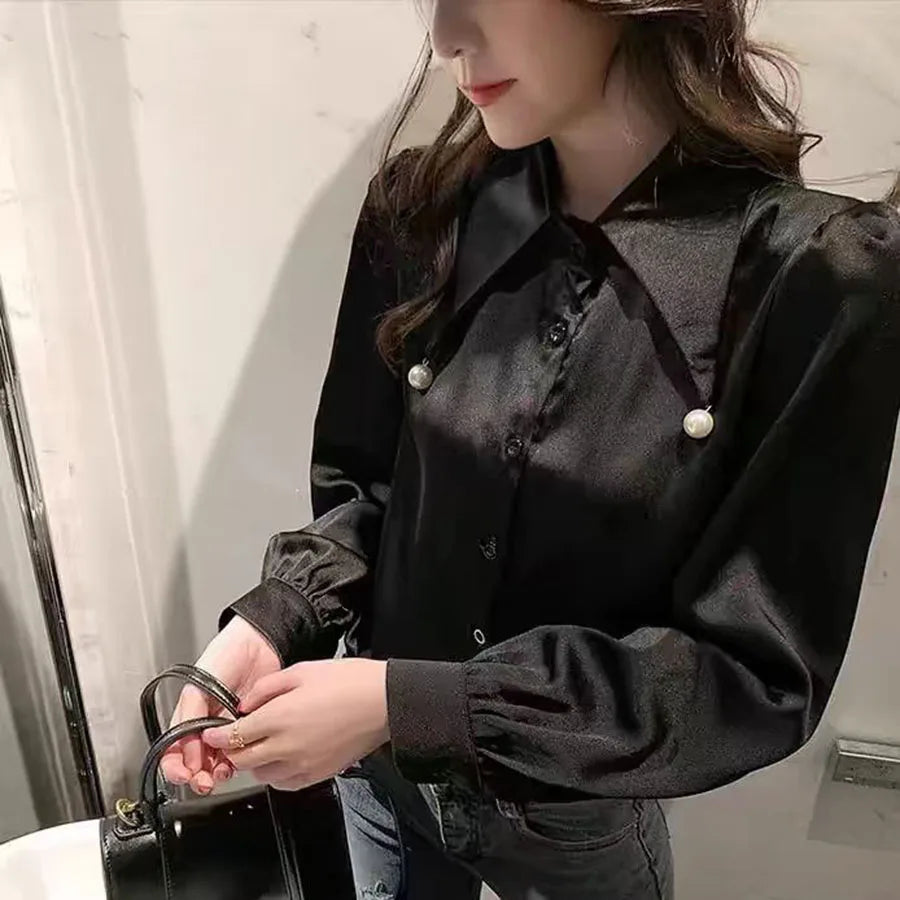 Spring Elegant Women Chiffon Blouse with Beaded Pointed Collar Loose Fit Long Sleeve Office Shirt Top