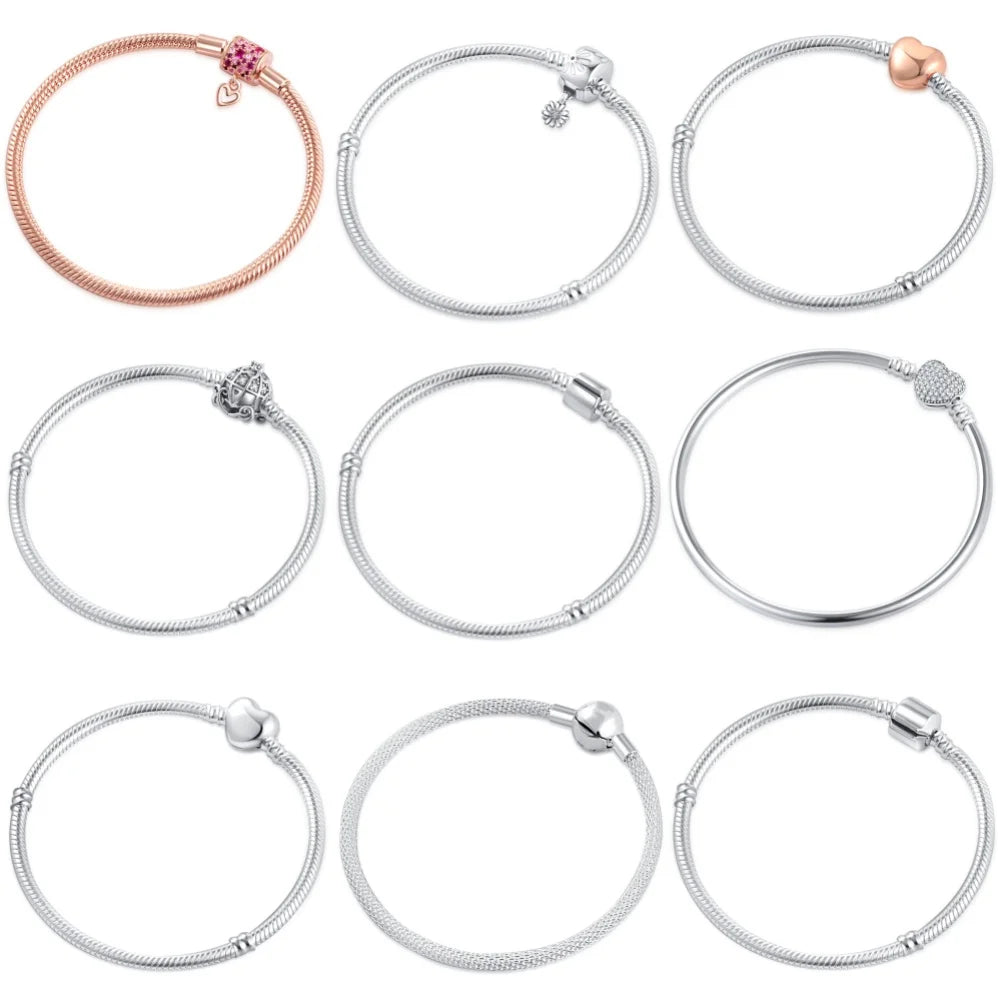 Sterling Silver 925 Heart and Flower Clip Clasp Bracelet with White Zircon Beads 16-21CM