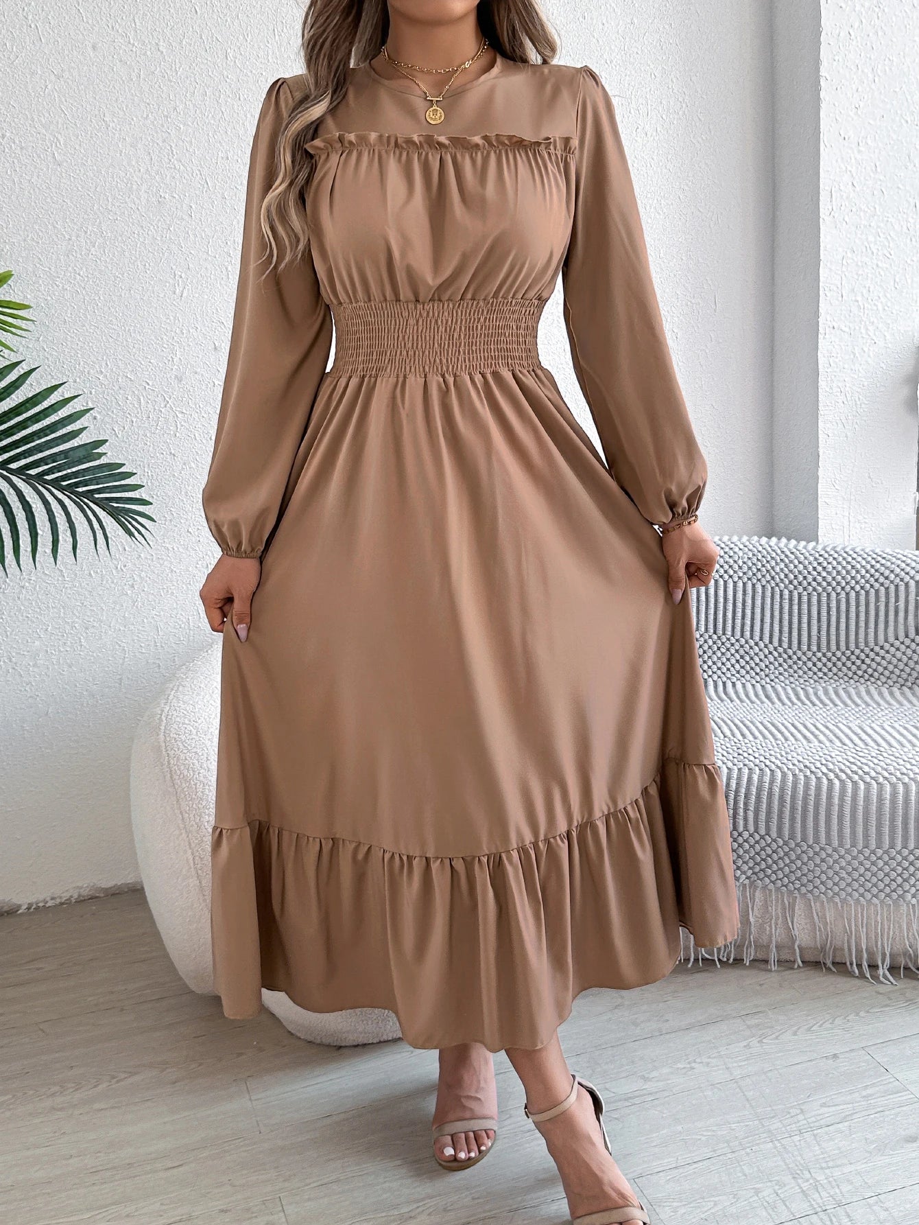 Elegant Long Sleeve Dress With Cinched Waist Solid Color
