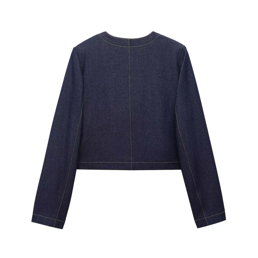 Fashion Women Solid Jacket and Wide Leg Pant Set with Cropped Coat and Zipper Details