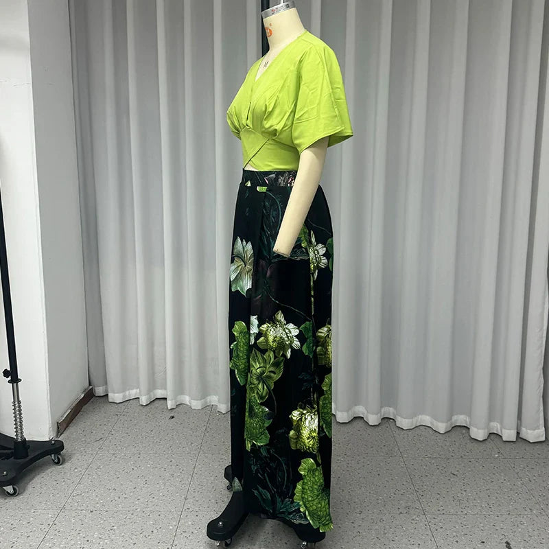 Casual Solid V Neck Short Sleeve Pullover Top and Wide Leg Pant Set for Women