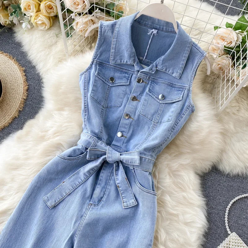 Sleeveless Denim Jumpsuit with Turn-Down Collar and Single Breasted Pockets Casual Summer Jean Outfit for Women with Stylish Sash Belt