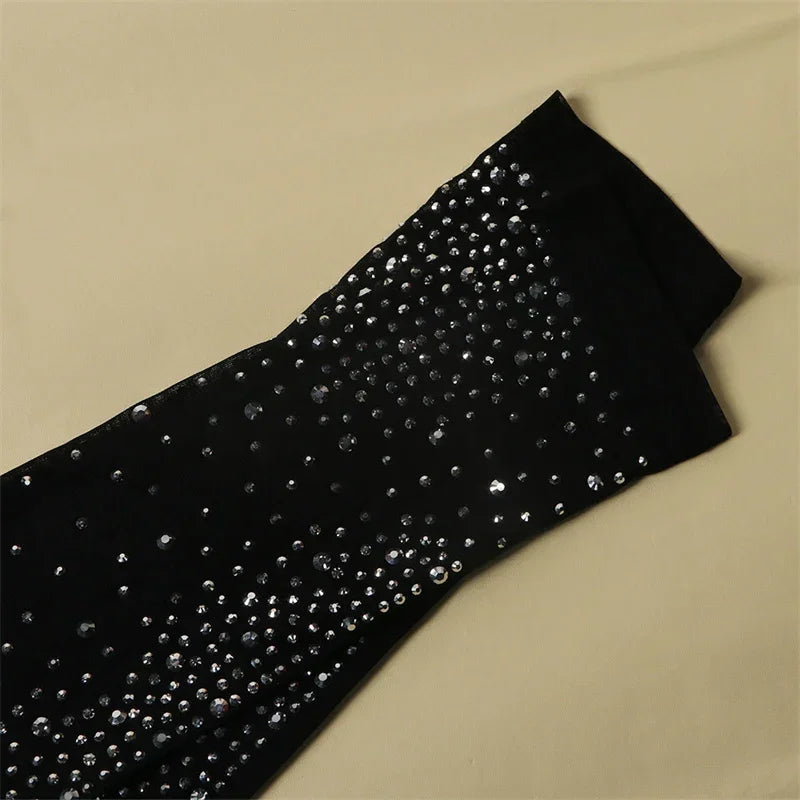 Sexy Rhinestone Long Sleeve Sheer Mesh Patchwork Skinny Jumpsuit Romper for Women Luxury Night Party Club Overalls Birthday Outfit