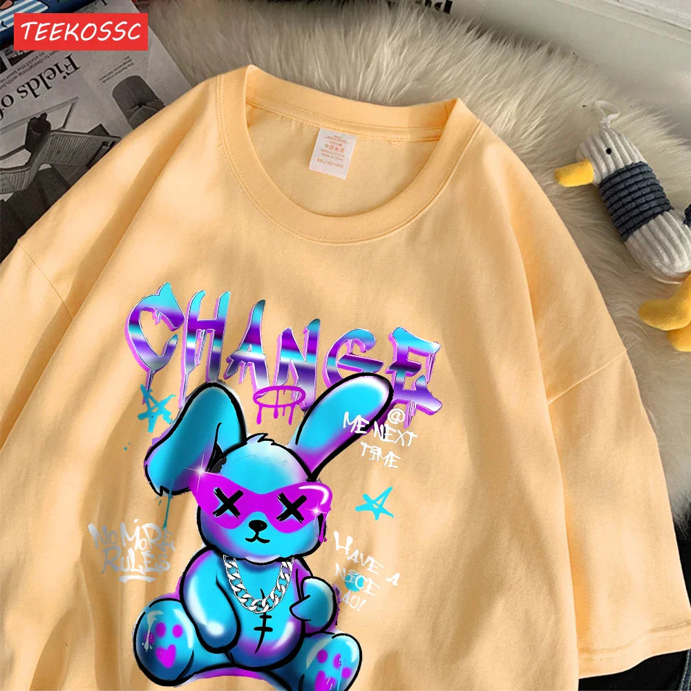 Trendy Cartoon Rabbit Print Summer T-Shirts for Women in Soft Cotton Short Sleeve Loose Fit Casual Tops