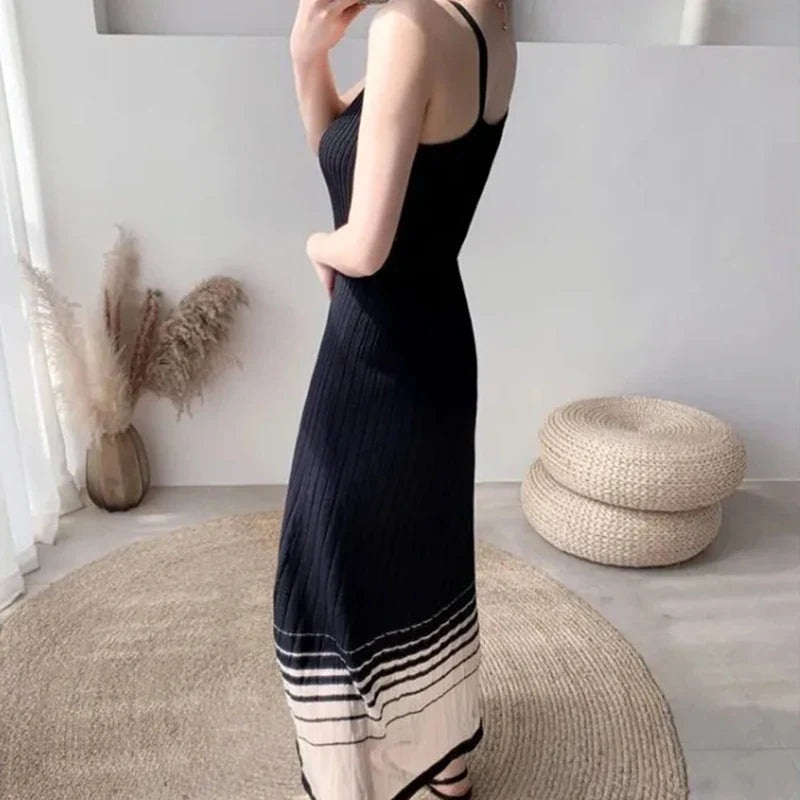 Striped Midi Dress Mesh Korean Patchwork Spaghetti Strap
