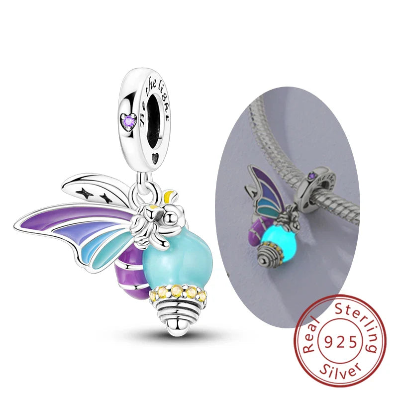 Glowing Luminous Firefly Butterfly Pendant Charm Beads in 925 Sterling Silver for Bracelet Jewelry