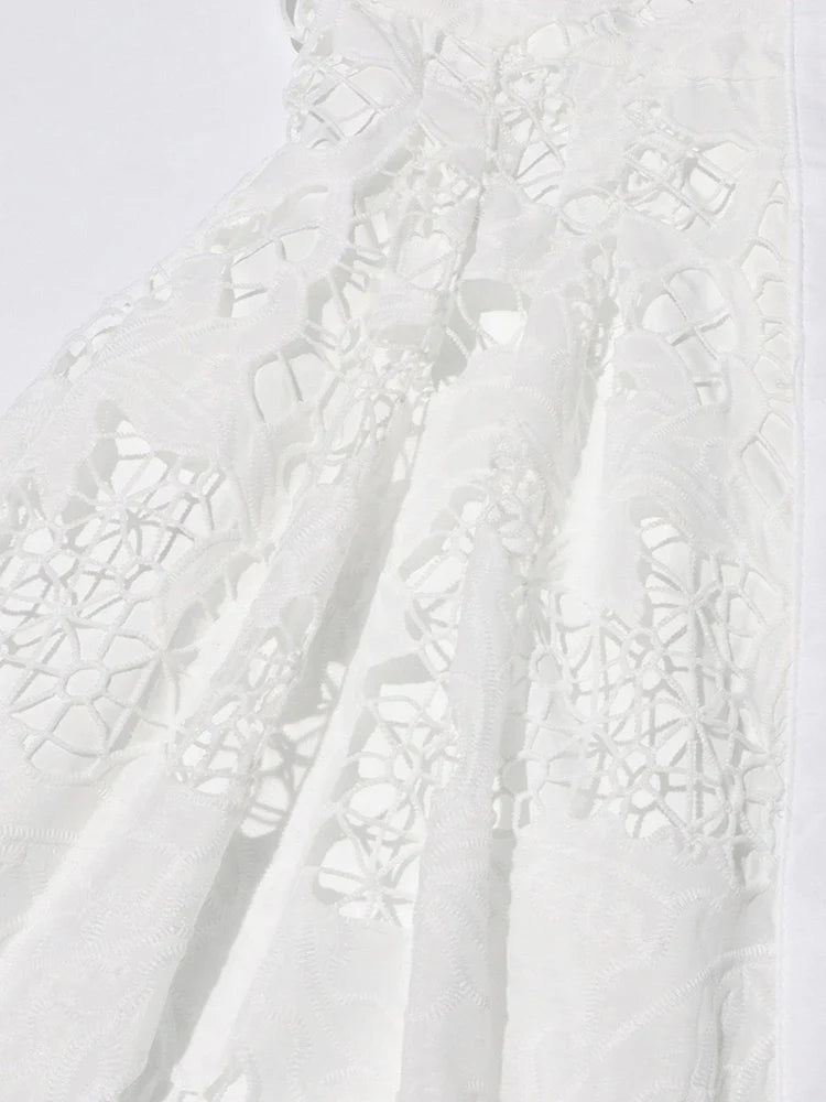 Patchwork Lace Hollow Dress Belted Lantern Sleeve For Women