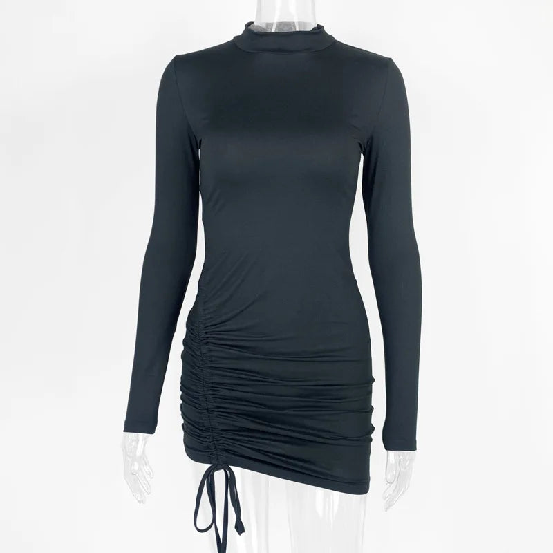 Black Bodycon Mini Dress With Drawstring Ruched Long Sleeve