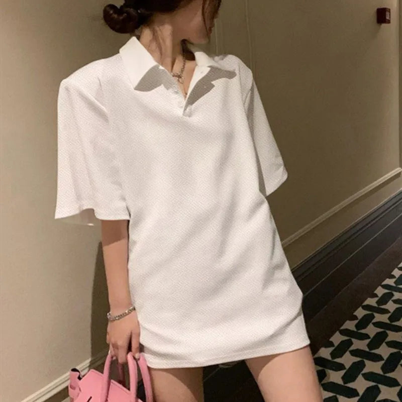 Women's Short Sleeve Polo Shirt Solid Color Loose Fit Summer Casual Large Size Trendy Korean Style Tee