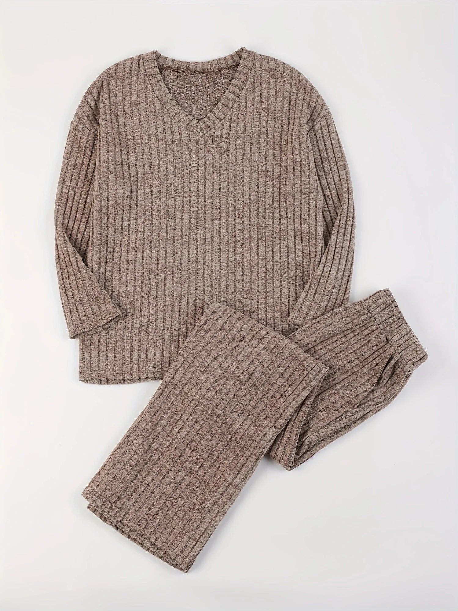 Autumn Winter Loose Casual V Neck Striped Knitted Two-Piece Set with Long Sleeve Top and Straight Tube Pants
