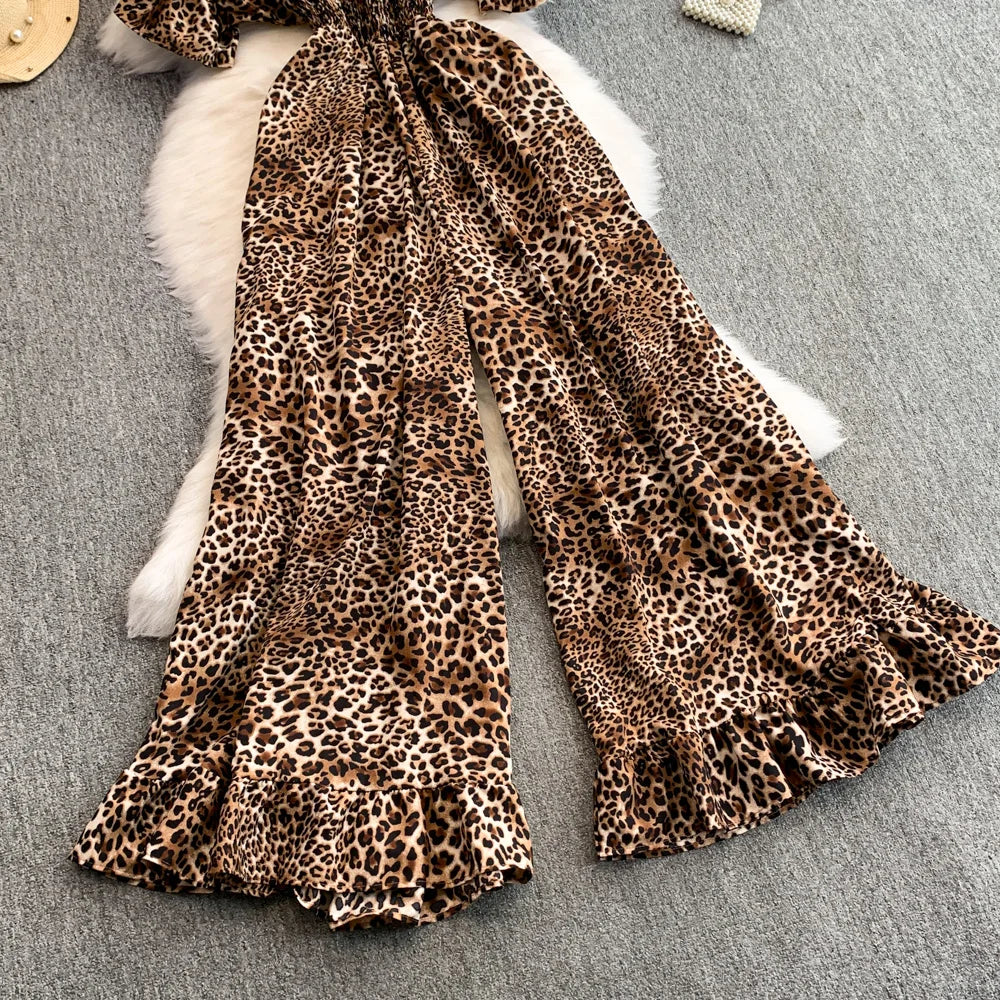 Women's Summer V-Neck Leopard Print Lace-Up Jumpsuit Short Sleeve Loose Fit Playsuit Overalls with Elegant Ruffle Detail