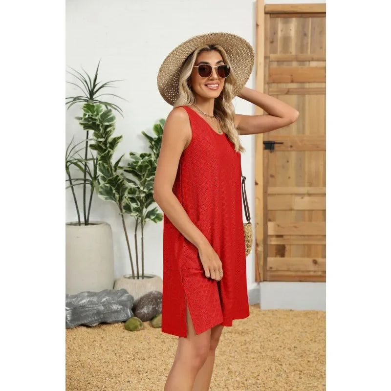 Loose Sleeveless Dress With Pockets Round Neck Solid Color