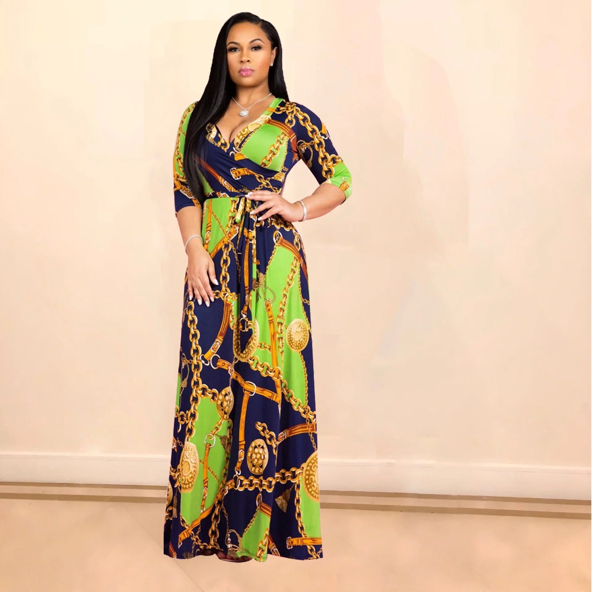 Bohemian Floral Maxi Dress With V Neck Three Quarter Sleeves