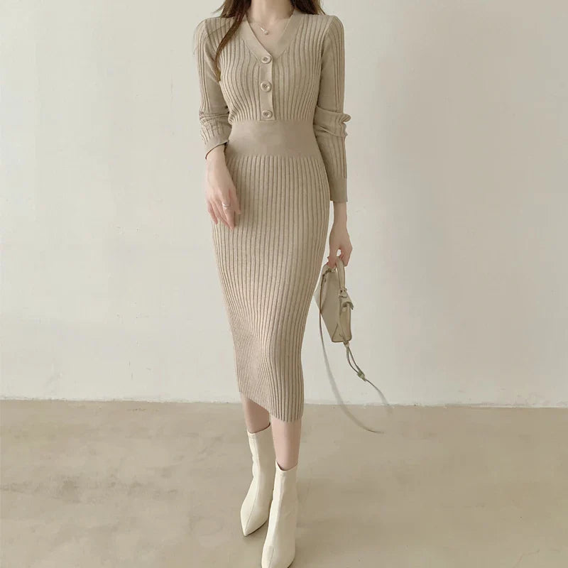 Knit Sweater Dress For Women V Neck Maxi With Buttons