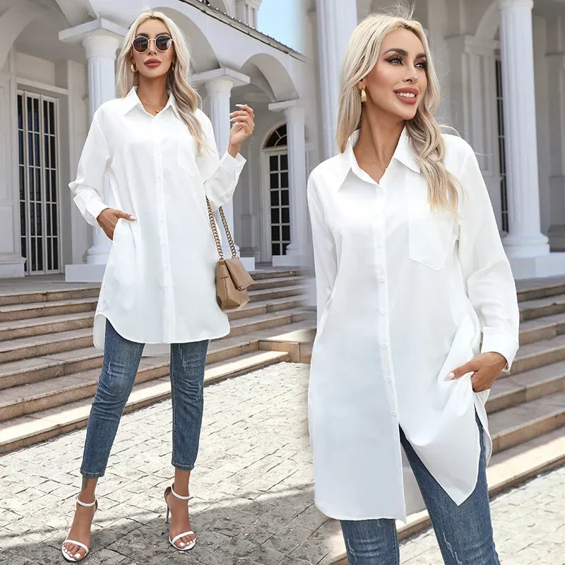 Vintage Oversized Long Sleeve Shirt for Women with Pockets Button Up Blouse Casual Chic Fashion Top