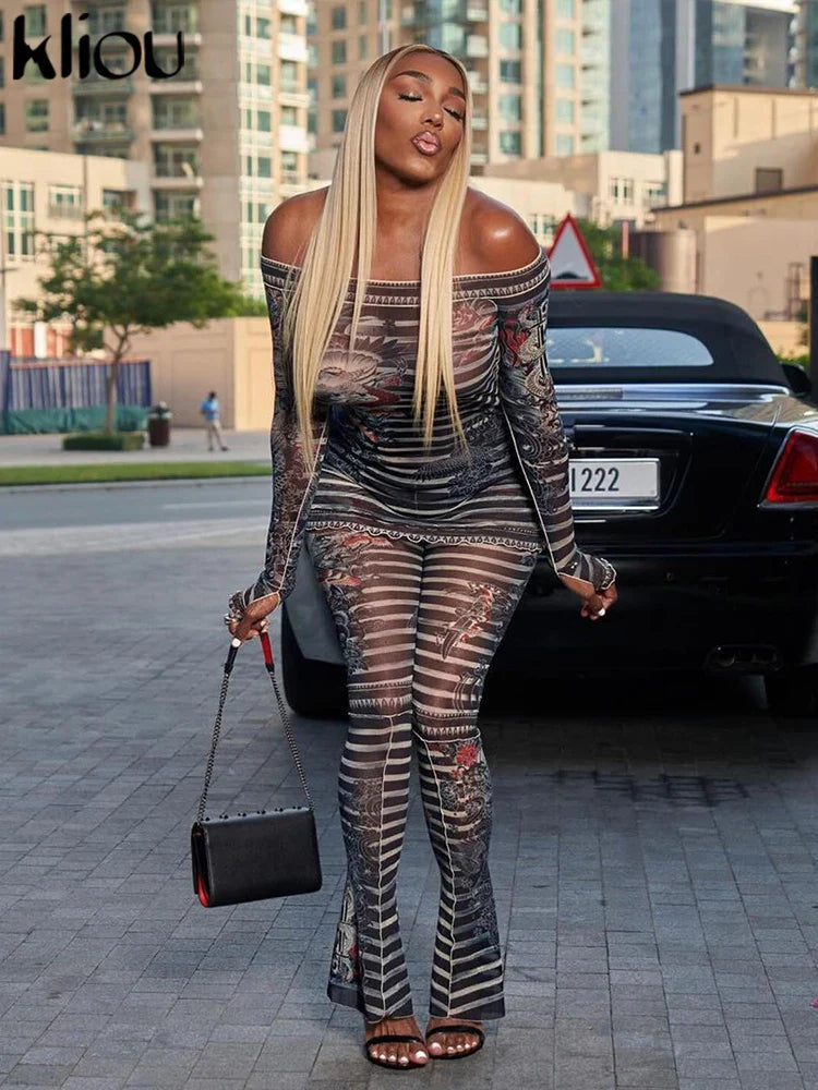 Mesh Trend Print 2 Piece Set for Women with Hipster Slash Neck Full Sleeve Top and Matching Slim Fit Pants