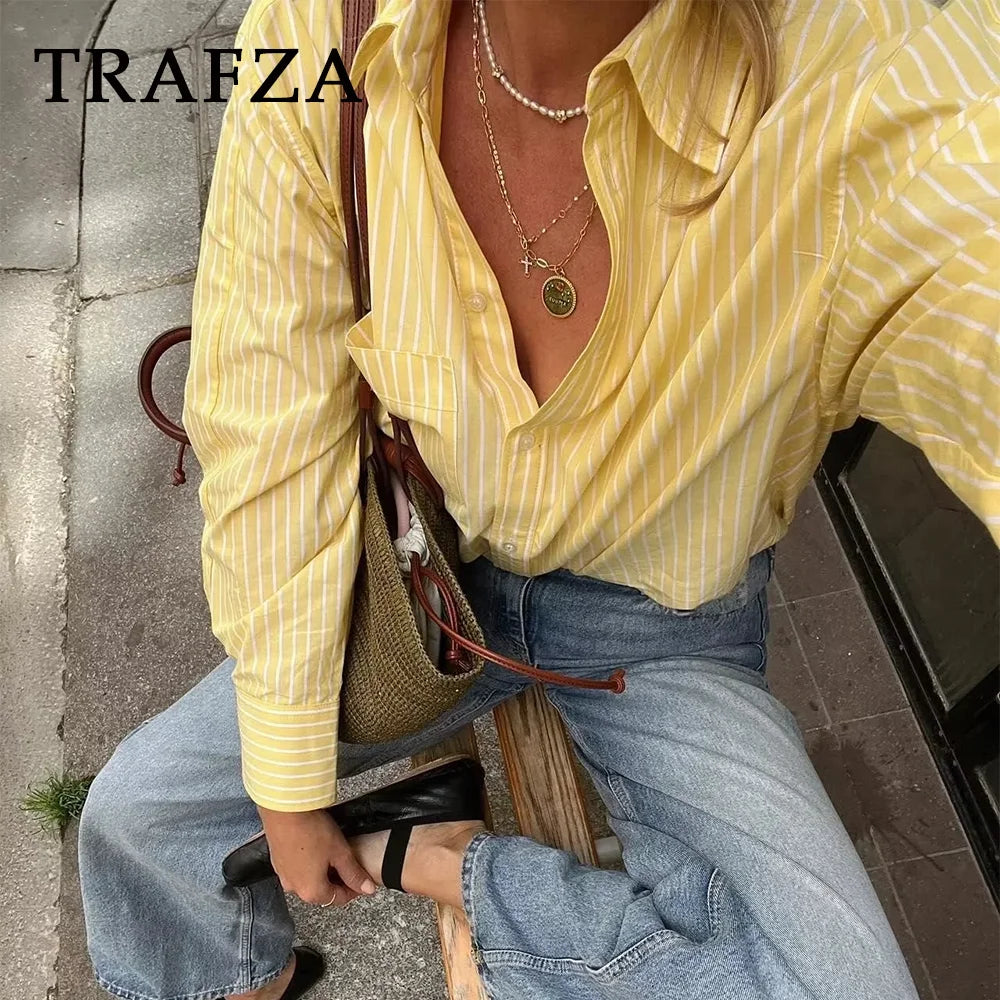 Casual Women Striped Butter Yellow Shirt Vintage Thin Fabric Turn-Down Collar Single Breasted Button-Up Top