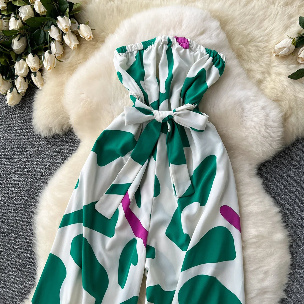 Women's Elegant Suspender Jumpsuit Sexy Printed Casual Hip Waist Overalls Romper