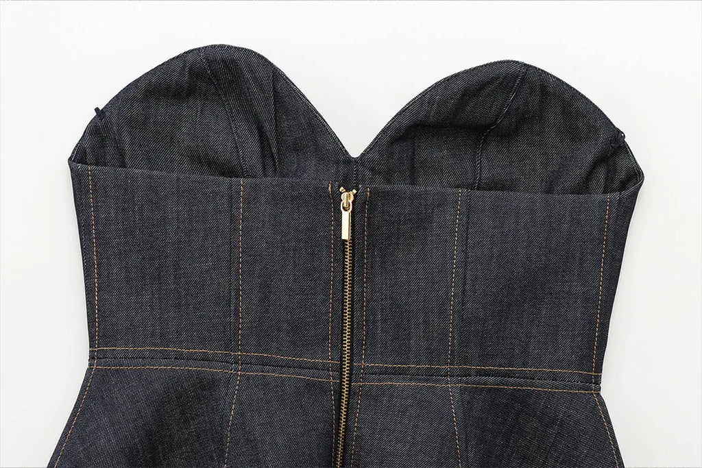 Women's Denim Jacket and Pants Set with Long Sleeve Blazer, Strapless Vest, and Straight Leg Jeans Fashion Outfit