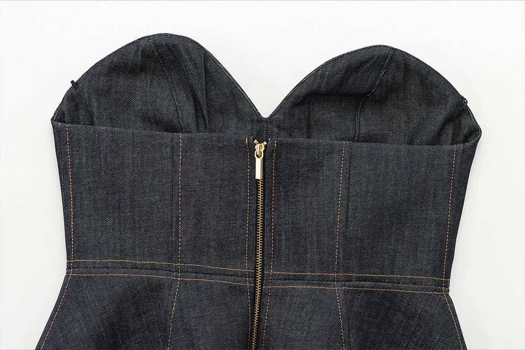 Women's Denim Jacket and Pants Set with Long Sleeve Blazer, Strapless Vest, and Straight Leg Jeans Fashion Outfit