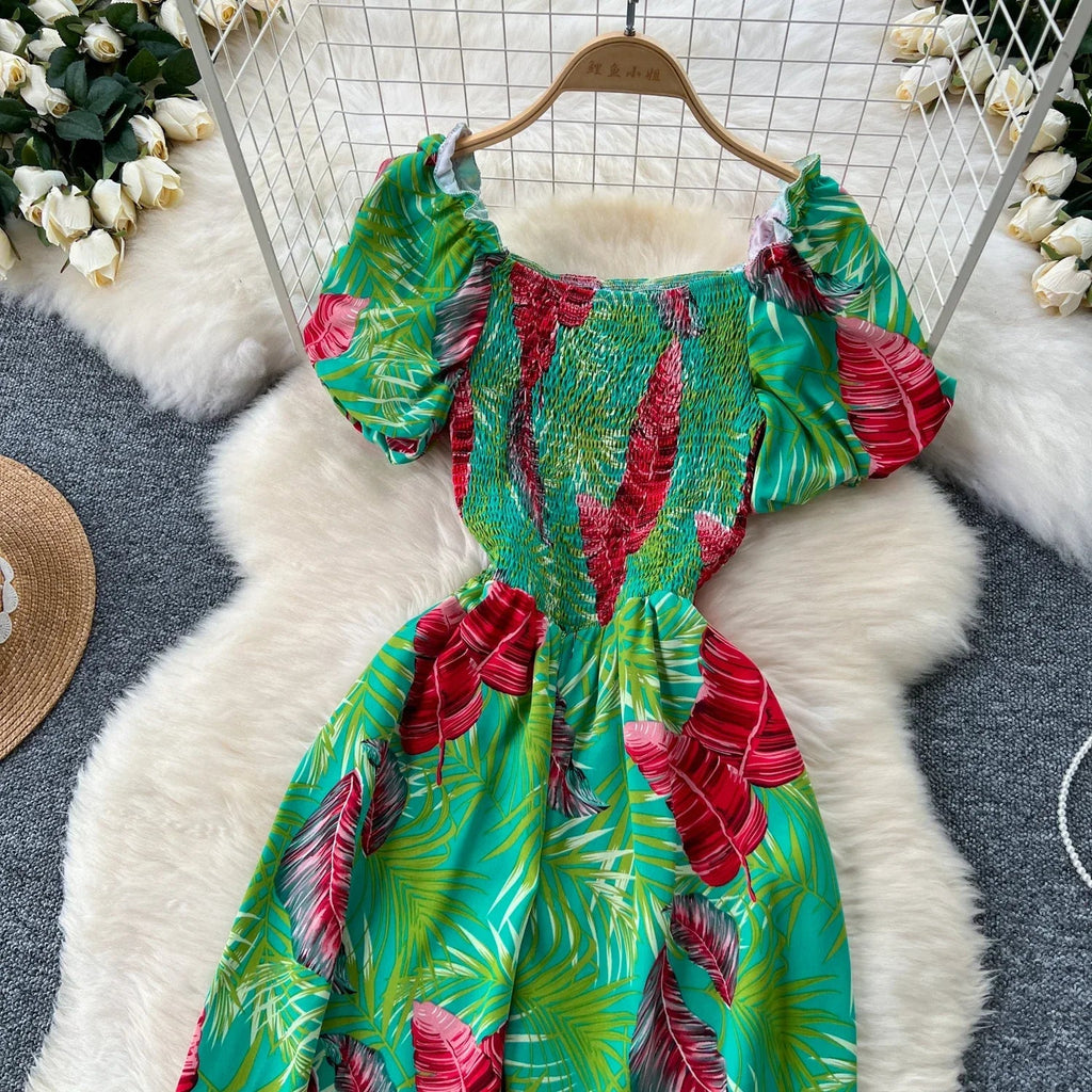 Square Neck Loose Pleated Jumpsuit with Ruffles Backless Design Wide Leg Long Pants Elegant Chic Printed Playsuit for Women