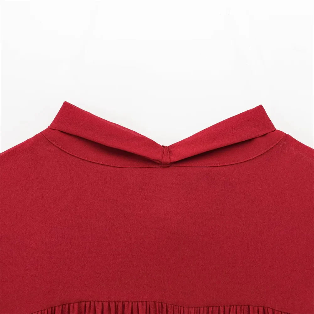 Women's Casual Long Sleeve Bow Tie Shirt Retro Loose Fit Solid Color Spring Top