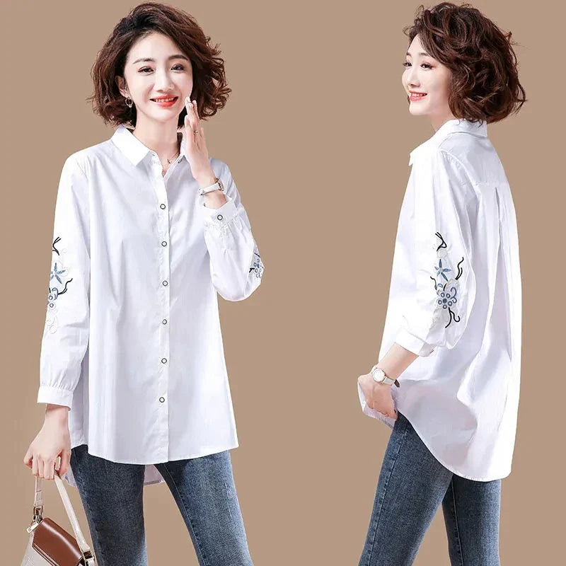 Vintage Embroidered White Cotton Button Up Shirt Comfortable Casual Long Sleeve Loose Fit Blouse for Women