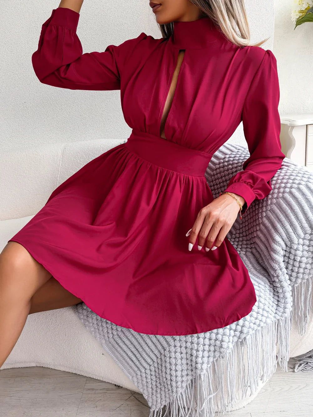 A Line Dress For Women Hollow Out Long Sleeve Elegant