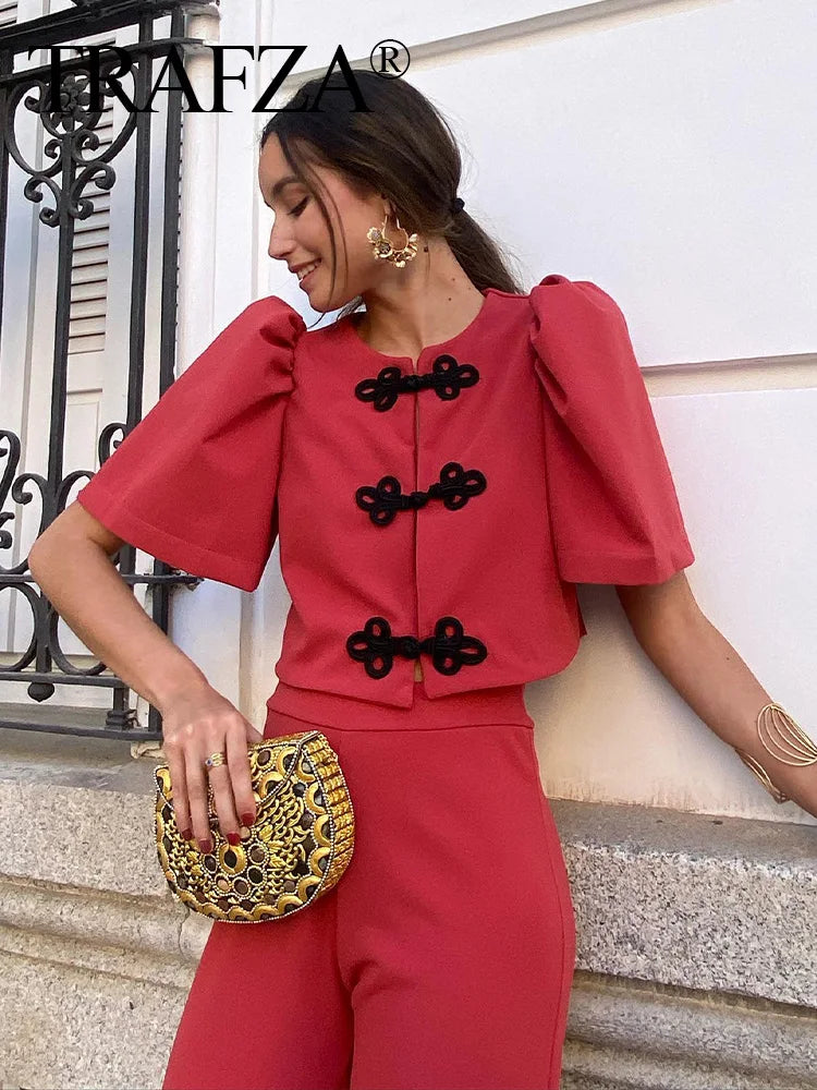 Women Summer Casual Pants Suit with Puff Sleeve Shirt and Elegant Long Pants Matching Set