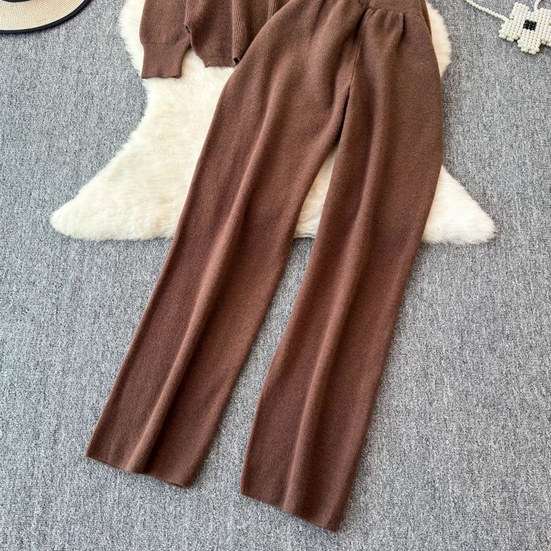 Cozy Knitted Two-Piece Women's Tracksuit Set with V-Neck Sweater and Straight Jogging Pants Autumn Winter Lounge Wear
