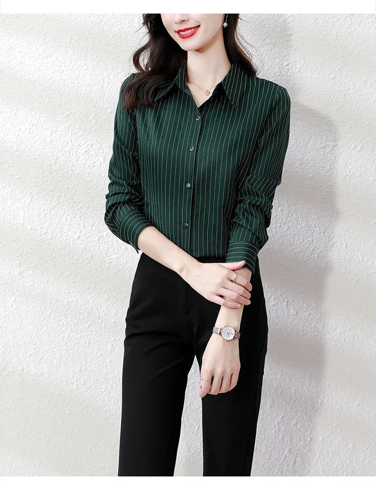 Striped Long Sleeve Women Shirt Button Up Blouse Lightweight Chiffon Tops Elegant Casual Office Wear