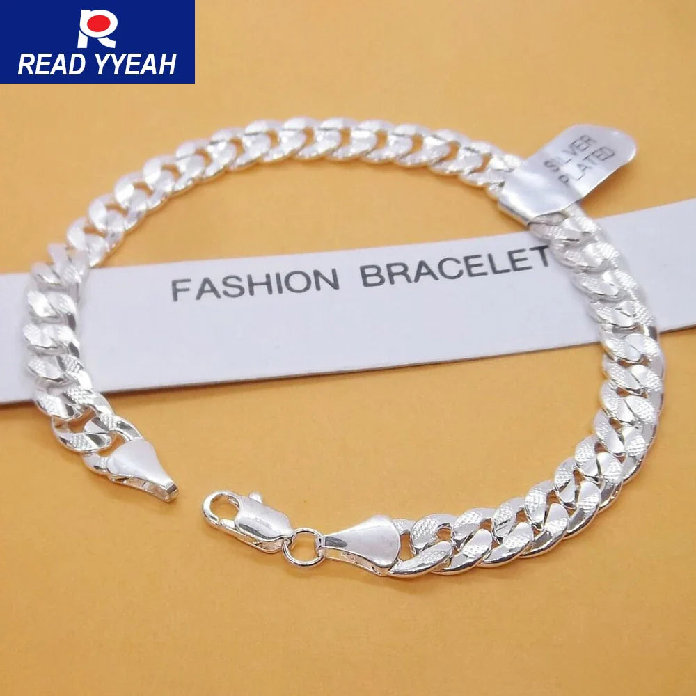 925 Silver Flat Side Chain Bracelet with Lobster Clasp for Women and Men, Adjustable 6mm Jewelry Gift for Weddings and Engagements