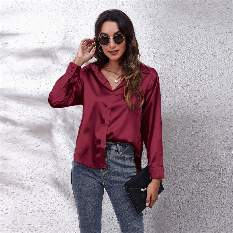 Women's Loose Satin Blouse Button Up Shirt Long Sleeve Imitation Silk Spring Top