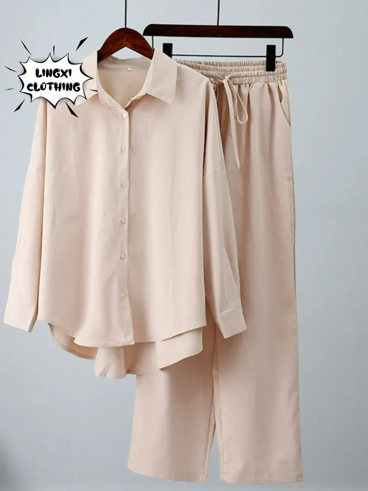 Summer Casual Outfits for Women Loose Long Sleeve Shirt and Wide Leg Pants Two Piece Set