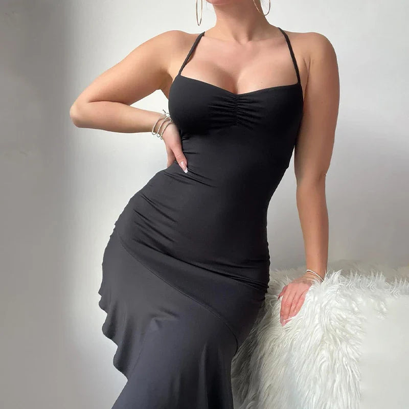 Backless Lace Up Draped Midi Dress With Square Collar