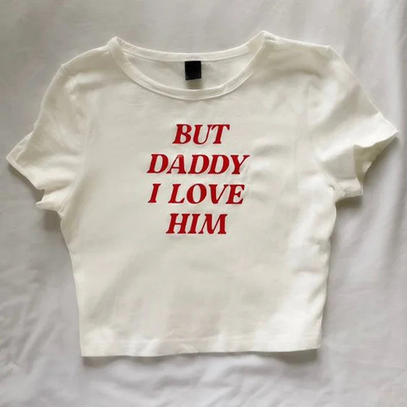 Cute Y2K Aesthetic Baby Tee with Daddy I Love Him Print for Emo Girls and Punk Streetwear Fashion Crop Top