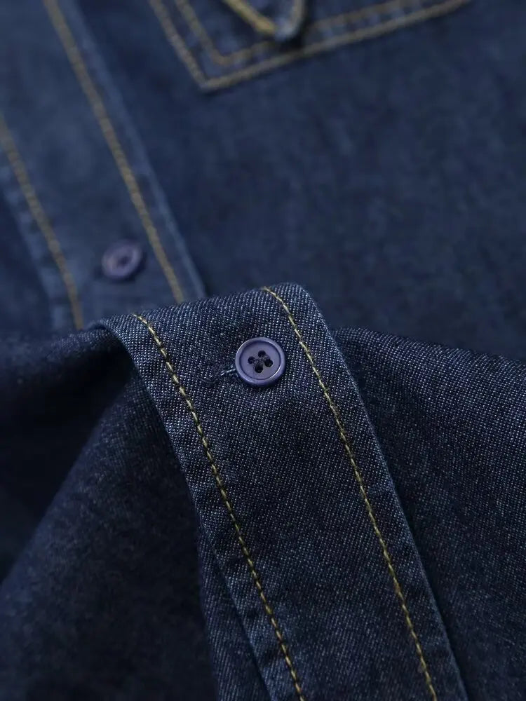 Women's Retro Long Sleeve Denim Shirt with French Bow Lapel Single Breasted Pocket Casual Cardigan for Fall and Winter Fashion