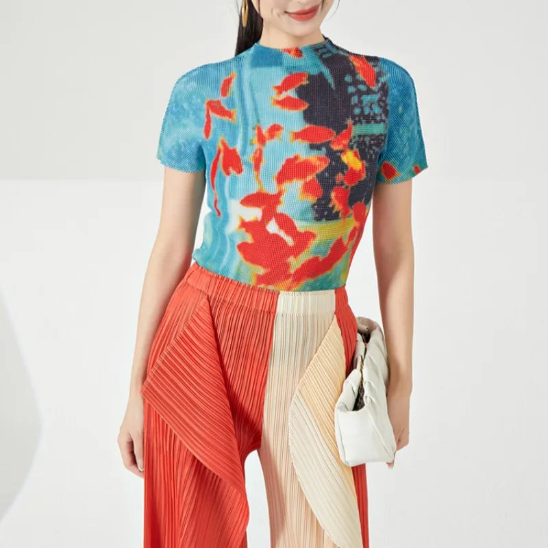 Vintage Fish Print Turtleneck Y2K Women Tees Summer Slim Fit Tops