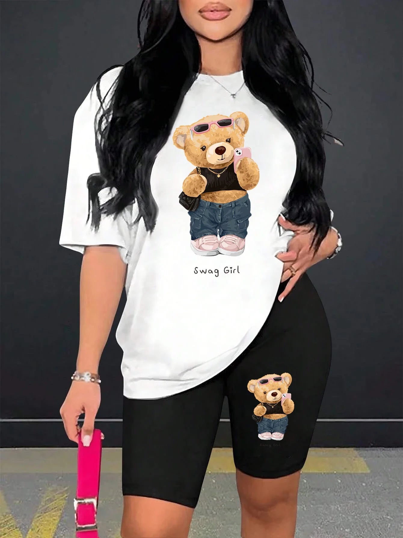Cute Plush Bear Two Piece Women's Shorts and Short Sleeve T-Shirt Set Soft Cotton Blend Comfy Casual Lounge Wear Stylish Sporty Outfit