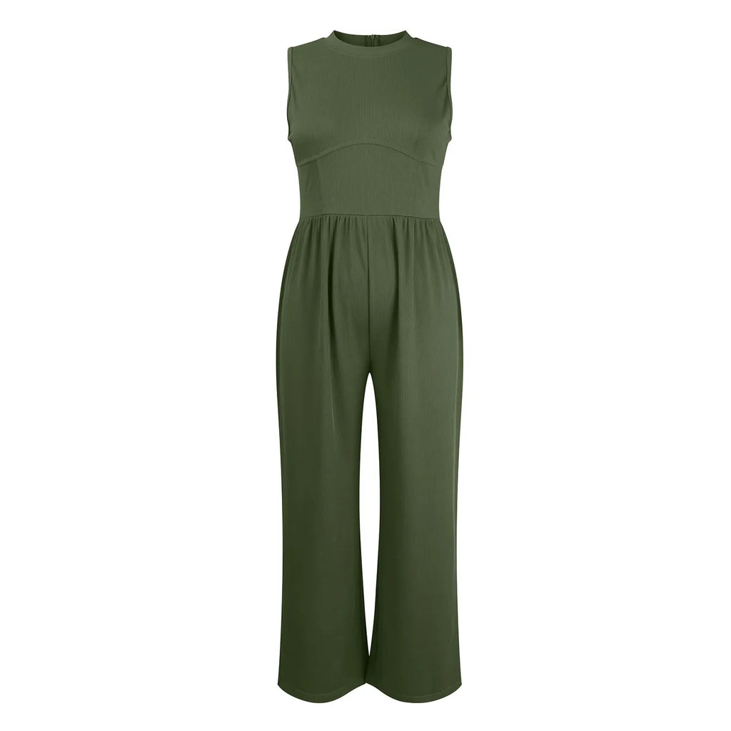 Women Sleeveless High Neck Ribbed Tank Top Jumpsuit Wide Leg Pants Romper with Tummy Control and High Waist Casual Summer Outfit