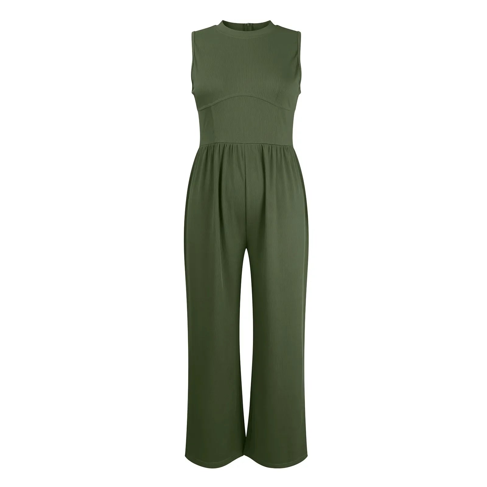 Women Sleeveless High Neck Ribbed Tank Top Jumpsuit Wide Leg Pants Romper with Tummy Control and High Waist Casual Summer Outfit