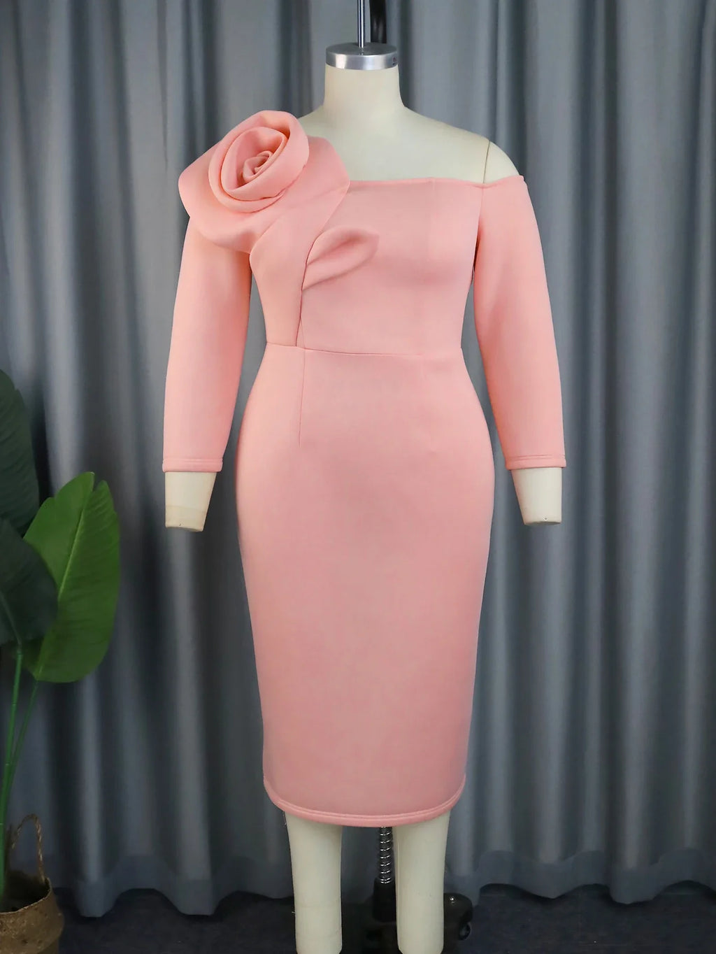 Plus Size Pink Off Shoulder Long Sleeve Bodycon Dress