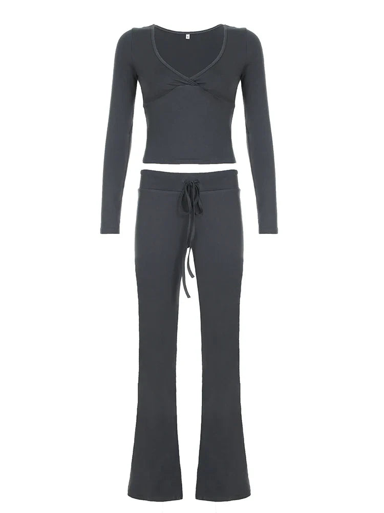 Casual V Neck Long Sleeve Top and Slim Drawstring Full Length Pants Women's Chic Low Waist Two Piece Outfit Set
